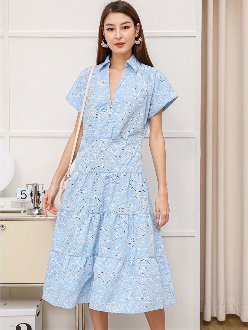 Zara Pale Blue Eyelet Tiered Midi Dress - Picture 3 of 9